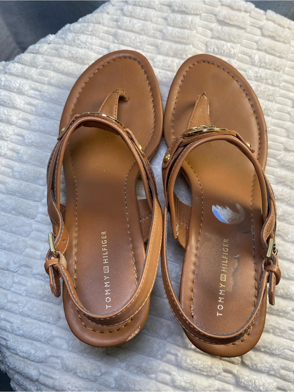 Tommy Hilfiger Black Tan Faux Leather & Cork Wedge Slingback Manne Thong Sandals - Picture 7 of 12